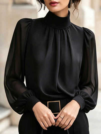 Balvessa High Neck Pleated Satin Black Top With Slightly Sheer Chiffon Puff Long Sleeves, Mature Commuter Style