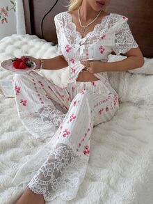 CottageSlumber 2pcs/Set Women's Lace Patchwork Sexy V-Neck Short Sleeve Printed Ribbed Top + Lace Patchwork Sexy Long Pants Pajamas - Multicolor - View 7