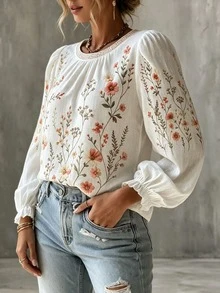 Trelyra Women's Early Autumn French Vacation Pastoral Style Digital Print Ruffle Puff Long Sleeve Round Neck Casual Loose Blouse Top - White - View 3