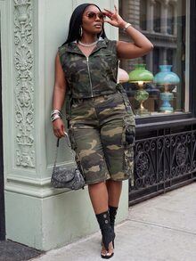 Slaydiva Plus Size Summer Casual Camouflage Print Sleeveless Jacket Fall - Army Green - View 9