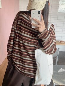 Dazy Plus Autumn New Striped Loose Casual Plus Size T-Shirt - Brown - View 6