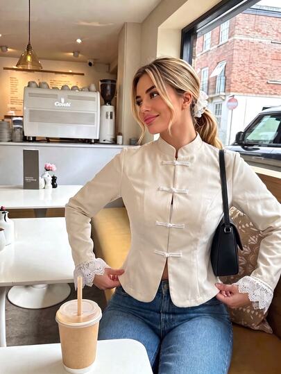 SHEIN PariChic Women's Autumn French Elegant Casual Stand Collar Shoulder Design Water-Soluble Lace Patchwork Long Sleeve White Frog Button Cinched Waist Apricot Thin Jacket