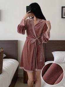 DAZY Women's Elegant Lace Trim Robe With Belt Fall - Dusty Pink - View 5