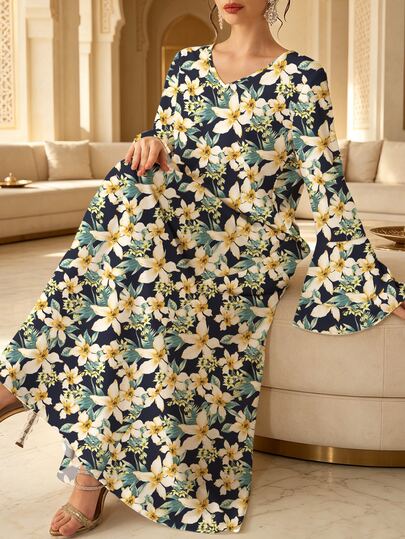Al Najma Women's Elegant V-Neck Ruffle Sleeve Full Skirt Dress, Comfortable And Graceful With Exquisite Floral Print, Pattern, Conservative Style, Polyester Material, Suitable For Home, Outings, Holidays, Parties And Gatherings. Dress, Flowy Dress, Vintage Dress, Women's Long Sleeve Dress.