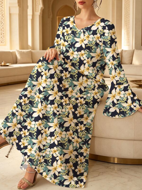 Al Najma Robe élégante pour femmes avec col en V, manches à volants et jupe ample, confortable et gracieuse avec un imprimé floral exquis, motif, style conservateur, en matériau polyester, convient pour la maison, les sorties, les vacances, les fêtes et les rassemblements. Robe, robe fluide, robe vintage, robe à manches longues pour femmes.