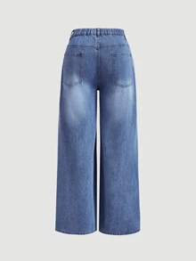 SHEIN MOD بنطلون جينز أزرق مستقيم الساق بتصميم ممزق ضيق كاجوال مقاس كبير - أزرق متوسط - مشاهدة 2