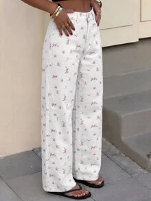 SHEIN Tall 女款時尚花卉印花鈕扣口袋牛仔褲 - 彩色 - 查看 6