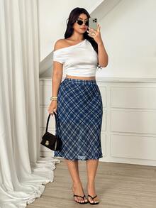 Vionelle Plus Size Vintage Casual Versatile Daily Sweet Girl Chiffon Plaid Skirt - Navy Blue - View 7