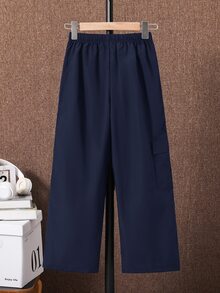 SHEIN 兒童青少年男孩休閒字母印花日常舒適工裝口袋直筒寬鬆長褲 - 藏蓝色 - 查看 2