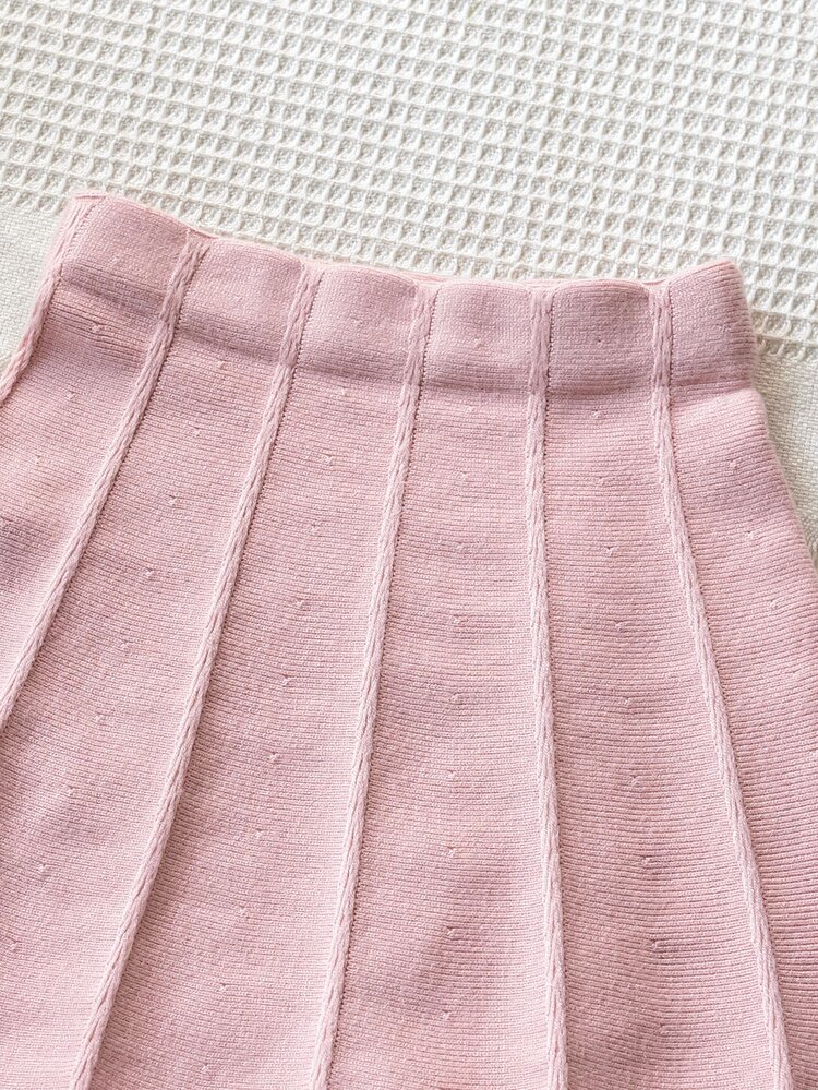 SHEIN 4-7 Years Old Girls Jasmine White Diamond Quilted Bubble Texture Bow Round Neck Knit Sweater Pink Pleated Skirt 2 Pieces Set Children Kindergarten Student Birthday Photo Shoot Travel Spring Autumn Sweet Outfit - Pink - View 7