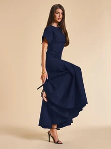SHEIN BAE 女款法式優雅修身荷葉邊A字洋裝 - 藏蓝色 - 查看 5