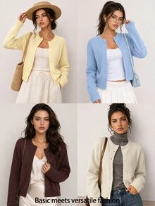SHEIN BASICS 女款秋冬休閒純色開襟羊毛衫 - 咖啡棕 - 查看 10