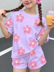 青少年女孩休閒可愛紋理碎花紫色圓領短袖T恤寬鬆短褲兩件套，適合春夏，圖案舒適女孩套裝，Y2K復古度假波點風 - 彩色 - 查看 1