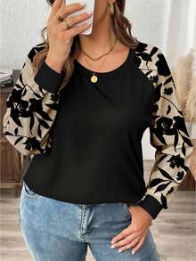 Comfylo Camiseta de manga raglán con estampado floral de contraste talla grande - Multicolor - Ver 5