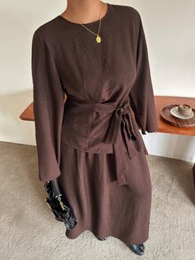 Dazy Plus Solid Color Round Neck Long Sleeve Asymmetric Tie Top & Long Loose Brown Skirt 2pcs Set, Spring/Autumn Lounge Sets For Women - Rust Brown - View 5
