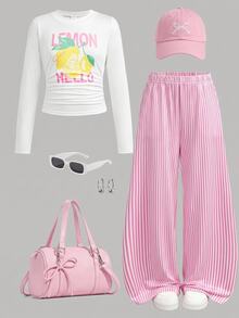 SHEIN Girlism Tween女孩秋季/冬季百搭時尚檸檬印花長袖上衣與長褲粉色2件套，適合返校穿搭 - 粉色 - 查看 1