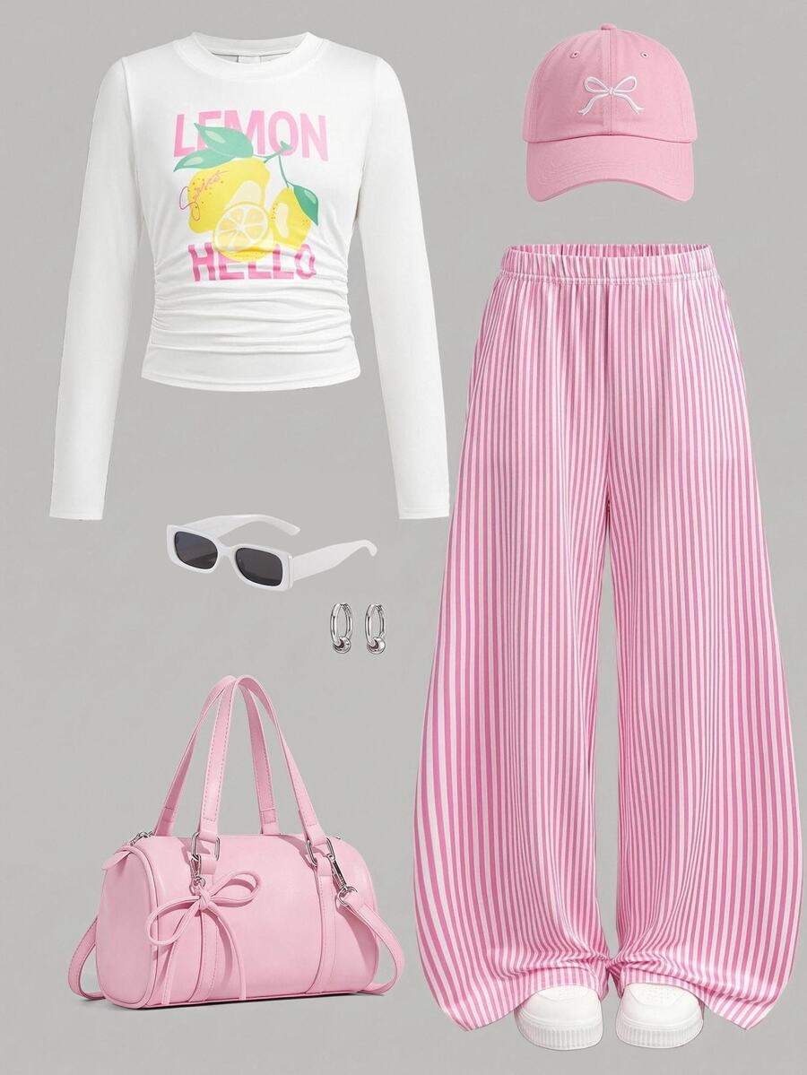 SHEIN Girlism Tween女孩秋季/冬季百搭時尚檸檬印花長袖上衣與長褲粉色2件套,適合返校穿搭 - 粉色 - 查看 1