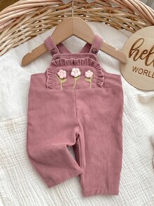 SHEIN 新生兒嬰兒 3D 花朵裝飾荷葉邊吊帶連身褲 - 粉色 - 查看 4
