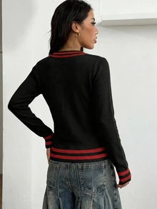 Coolane 休閒極簡風紅黑蜘蛛對比深V領女款毛衣，適合秋冬，百搭 - 彩色 - 查看 2