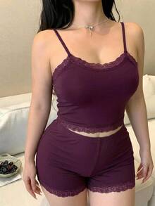 Dazy Plus Sexy Lace Patchwork Cropped Camisole & Shorts Purple Pajama Set - Purple - View 3