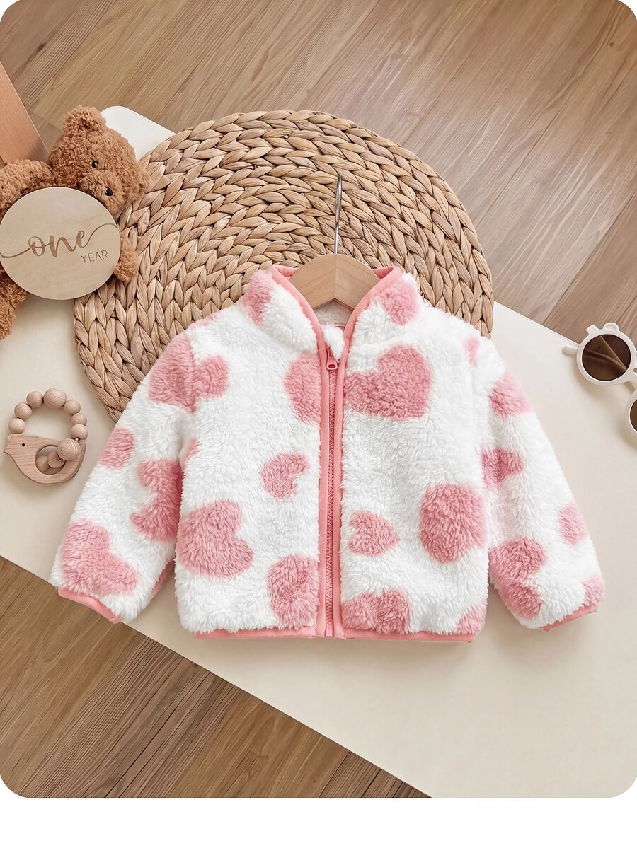 Newborn Baby Girl Cute Autumn/Winter Versatile Casual Heart Pattern Fluffy Jacket - Pink - View 1