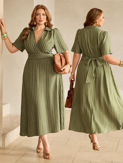 Roveilla Women's Spring/Summer Fiber Linen French Elegant Sophisticated Office Commute Casual Vacation Romantic High-End Beach Party Afternoon Tea Lapel V-Neck Sexy Tie Waist A-Line Short Sleeve Long Print Dress