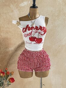Soleia Plus Size Sexy Asymmetrical Shoulder Metal Flower Decor Top And Plaid Ruffle Hem Shorts 2 Pieces Set - Red - View 10