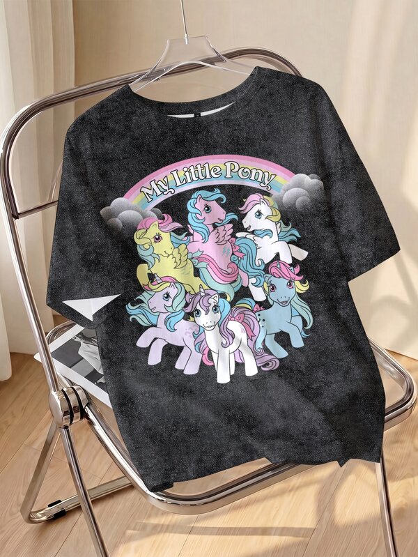 My Little Pony X SHEIN Plus Size Cute Cartoon Graphic Print Crew Neck Short Sleeve T-Shirt