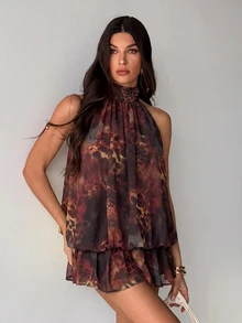 SHEIN Tall 女款豹紋百褶時尚約會派對迷你洋裝 - 彩色 - 查看 3