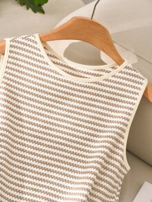 Story & Sage Casual Home Vacation Women's 2 Pieces Set Spring Summer Contrast Trim Striped Apricot White Sleeveless Tank Top And Shorts Set With Pockets - Multicolor - View 5