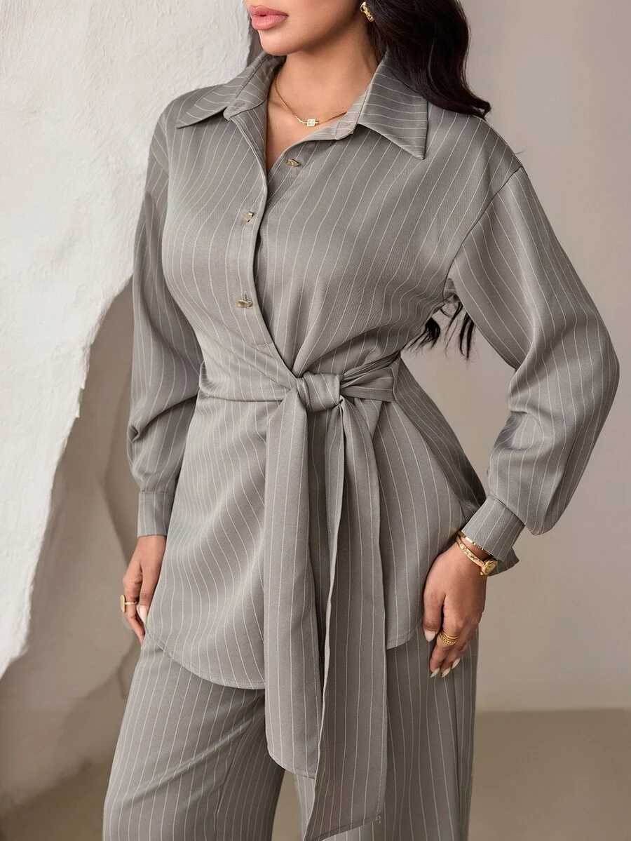 Veilorie Plus Size Elegant Commute Striped Tie Waist Blouse And Pants 2 Pieces Set - Khaki - View 1