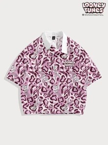 LOONEY TUNES X SHEIN FROVYX Men's Pink Leopard Print Rabbit All-Over Print Cropped Shirt, Suitable For Casual Daily Wear - Multicolor - View 1