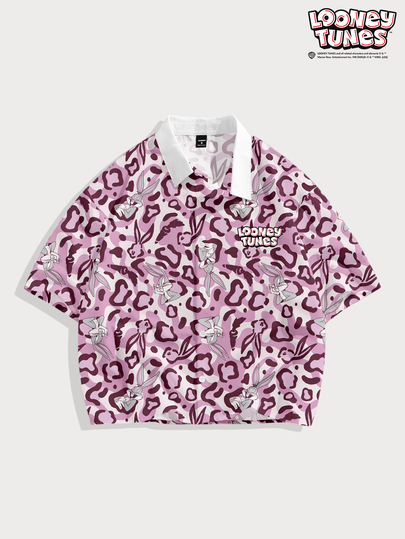 LOONEY TUNES X SHEIN FROVYX Men's Pink Leopard Print Rabbit All-Over Print Cropped Shirt, Suitable For Casual Daily Wear