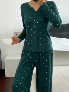 DAZY 2件組波點印花修身長袖直筒褲女款春季睡衣套裝 - 墨綠色 - 查看 6