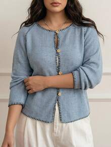 Dazy Plus Contrast Stitching Colorblock Fitted Home Casual Fashion Street Hollow Knit Long Sleeve T-Shirt - Blue - View 5