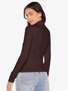 SHEIN BASICS High Neck Long Sleeves Rib-Knit Form Fitted Tee Tops For Women Black Tops - Coffee Brown - View 2