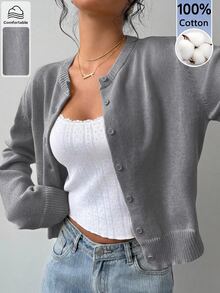 SHEIN BASICS 女款秋冬休閒純色開襟羊毛衫 - 深灰色 - 查看 6