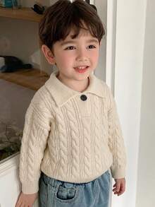 DAZY Atasan Sweater Rajut Tebal Longgar Kasual Musim Gugur/Dingin untuk Anak Laki-laki (Ukuran Kecil), Kerah Lipat, Gaya Dasar Aprikot - Aprikot - View 6