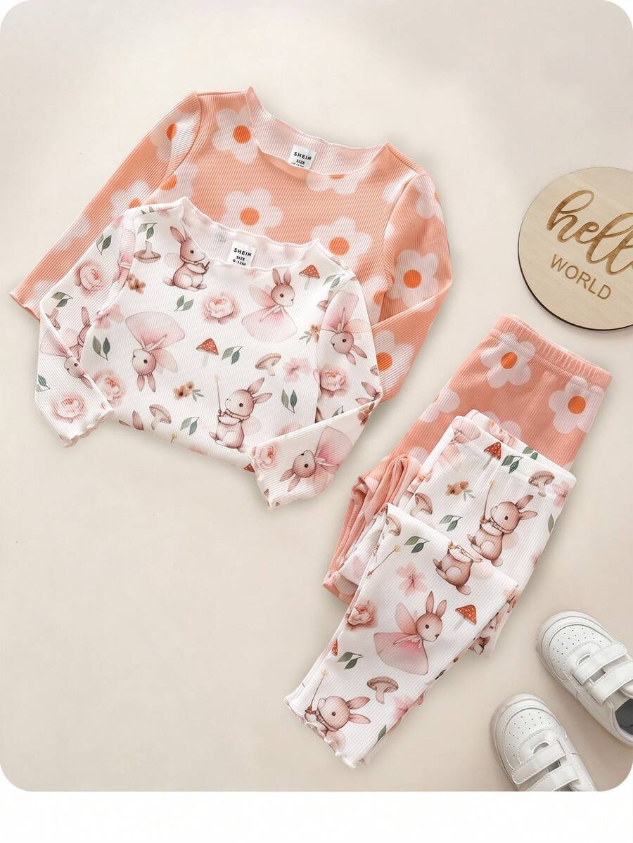 SHEIN 可愛女嬰花卉與卡通圖案長袖針織家居服套裝 - 彩色 - 查看 1