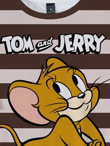 TOM & JERRY X SHEIN 大尺碼夏季休閒拼接色條紋卡通印花T恤 - 白色 - 查看 4