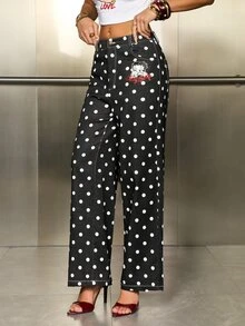 Betty Boop x SHEIN Celana Jeans Denim Wanita Model Lurus dan Longgar dengan Motif Polkadot - Hitam - View 6