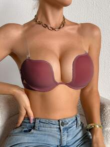 SHEIN 1pc Underwire Push-Up Transparent Strap Bra - Redwood - View 6