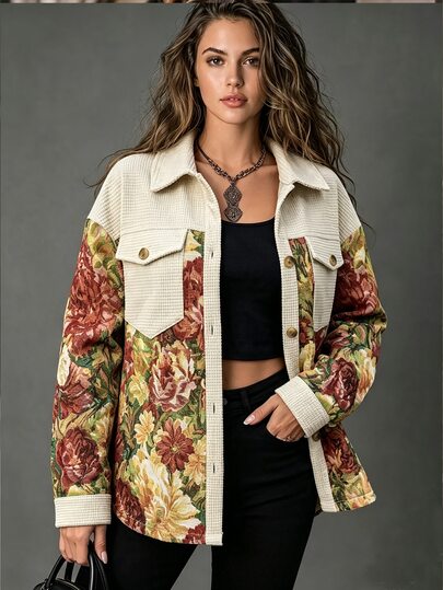 SHEIN Autumn Casual Jacquard Patchwork Jacket