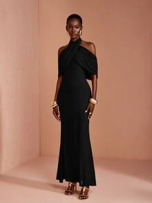 JIAN LASALA Solid Cross Wrap Halter Neck Mermaid Hem Maxi Dress - Black - View 7