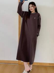 Dazy Plus Pattern Print Contrast Color Stitch Design T-Shirt Style Long Nightgown Loungewear Dress Fall - Brown - View 6