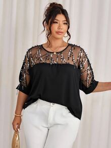 Cravure Plus Size Round Neck 3/4 Sleeve Short Sleeve Gold Foil Fabric Patchwork Contrast Woven Fabric Cuff Raglan Sleeve Casual Outing Vacation Commute Party Pullover Shirt - Black - View 6
