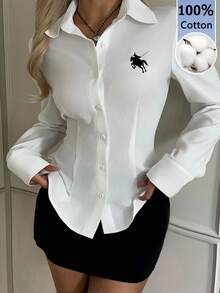 SHEIN EZwear 女款休閒收腰長袖鈕扣襯衫，適合秋冬穿著 - 彩色 - 查看 4