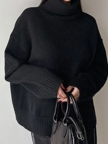 Dazy Plus Solid Color Casual Versatile Loose High Neck Autumn/Winter Long Sleeve Pullover Sweater - Black - View 3