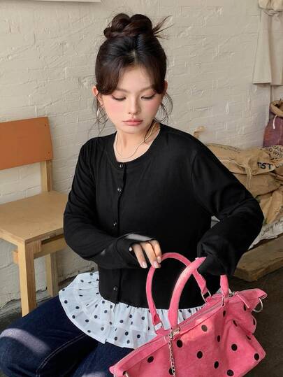 Dazy Plus Maglietta casual a maniche lunghe con patchwork a tinta unita e orlo a pois per ragazze, primavera estate autunno