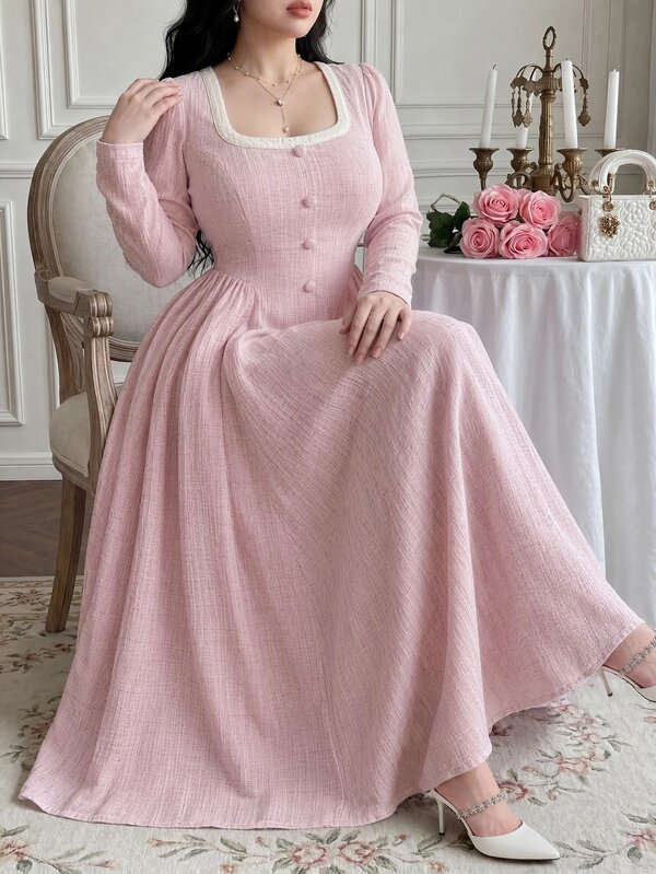 Vibekara Plus Size Women Sweet Elegant Cute Vintage Square Neck Waist-Cinching Long Dress